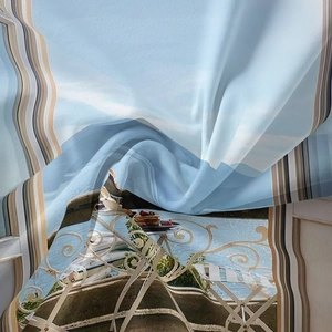 Macro shot of Mediterranean sea view tapestry with white iron fence and sky blue ocean