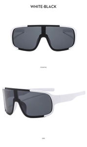 Front and side views of stylish black and white aerodynamic outdoor cycling goggles