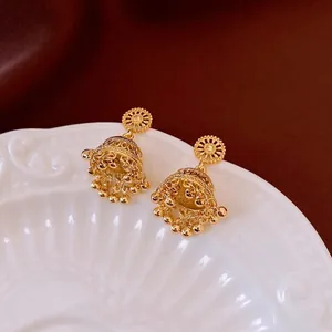 14K gold plated bell-shaped tassel earrings with intricate ethnic hollow metalwork