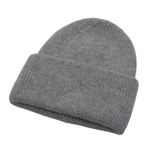 Winter grey knit wool beanie with classic ribbed cuff on white background