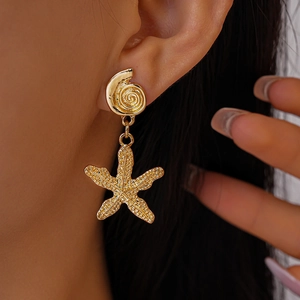 Detail showing gold shell and starfish earrings with textured surface on female model