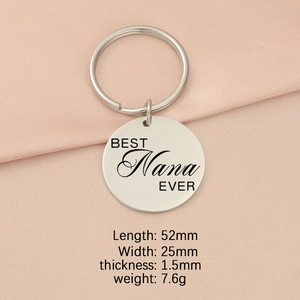 Detailed view of silver stainless steel keychain with BEST Nana EVER engraving and dimensions