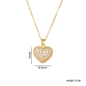Elegant gold heart pendant necklace with white zircon stones and size specifications