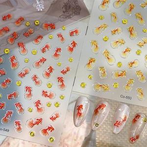 5D Embossed Nail Art Stickers Lucky Koi Goldfish Pattern With Gold Foil Glitter Waterproof Self Adhesive For Women DIY