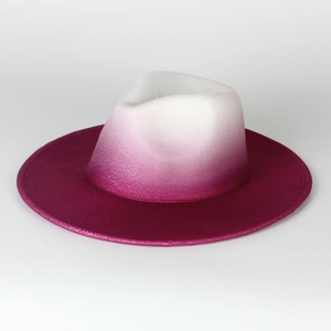 Detailed view of British style gradient tie-dye wool felt fedora jazz hat with flat brim