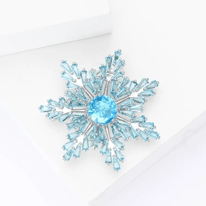 Luxury snowflake brooch with silver metal and blue crystals for women suits and dresses