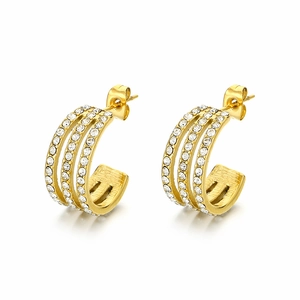Exaggerated golden wheat twist C-shaped earrings with zircon inlay in polished finish