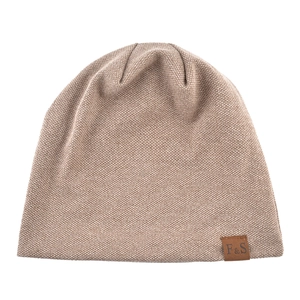 Detail shot of the khaki knitted fabric texture and F&S leather label on the beanie hat