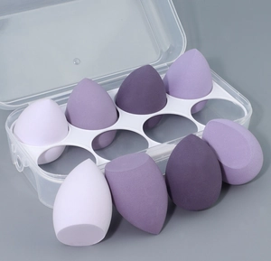 8-piece purple makeup sponge set with teardrop and slanted shapes in clear storage case