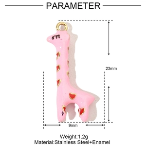 Detail showing dimensions of a pink enamel giraffe pendant in polished stainless steel