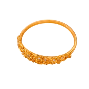 Vintage gold-plated floral bangle with engraved flowers and sparkling white zircons