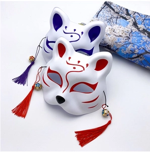 Detail of Japanese fox masks with red and blue hand-painted patterns and silk tassels