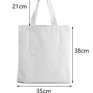 Minimalist white canvas tote bag with 35x38cm dimensions and 21cm strap drop length
