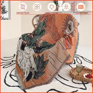 Bohemian Woven Blanket Cotton Jacquard Throw With Tassel Fringe For Sofa Couch Outdoor Camping Picnic Western Desert Style