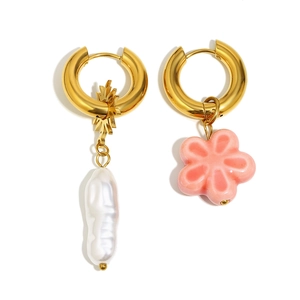 Asymmetric 18K gold plated hoop earrings with Baroque pearl and pink flower charms