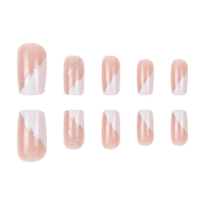 Pink and white diagonal gradient press-on nails with silver glitter lines, 10-piece set