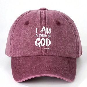 Vintage washed burgundy baseball cap with I AM A CHILD OF GOD printed text and John 1:12