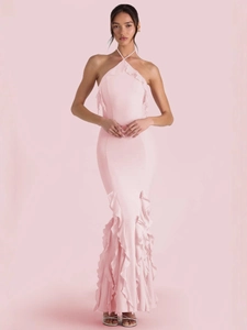 Robe de soirée licou rose avec coupe sirène et volants élégants pour femmes