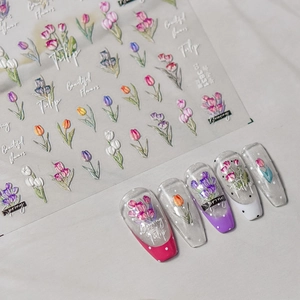 Stickers nail art tulipe en relief avec motifs floraux vintage et lettrage printanier