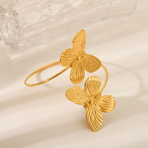 Elegant gold stainless steel butterfly open cuff bracelet with dual butterfly design