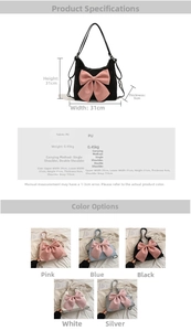 Size chart for PU leather bow backpack showing dimensions and five color options