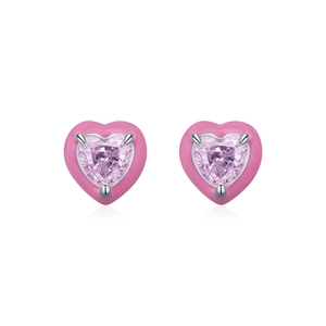 Elegant s925 silver heart stud earrings featuring pink crystal and enamel on white background