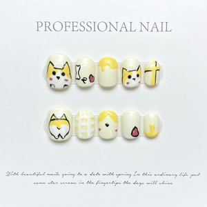 Corgi Dog Press On Nails Cute Cartoon Yellow White Resin Glossy Short False Nail Tips For Women Hand Painted Style