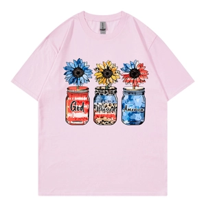 Pink cotton oversized T-shirt with sunflower graphic and patriotic American print