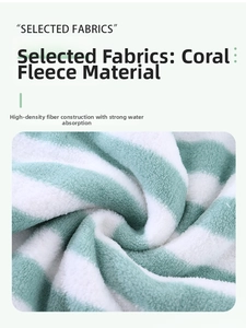 Close-up of high-density coral fleece fabric with green and white stripes and water absorption
