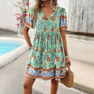 Women's V-neck short sleeve floral dress with high-waist A-line cut in boho style
