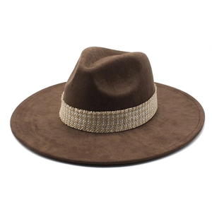 Classic dark brown wide brim felt fedora hat with a golden braided decorative band