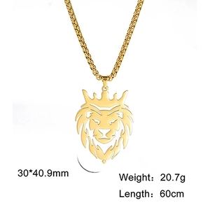 Golden lion head pendant necklace with crown and box chain 60cm length details