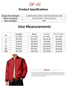 Detailed size chart for men's varsity jacket showing measurements from S to XXXL