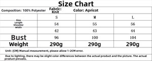 Detailed size chart for apricot sleeveless knit vest showing dimensions and fabric specs