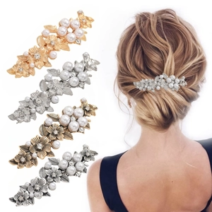 Vintage Rose Flower Hair Clip Alloy Rhinestone Artificial Pearl Spring Barrette For Women Elegant Wedding Party Hair Accessories