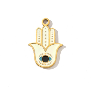Goldener Hamsa-Anhänger mit weißem Emaille und blauem Auge für DIY Schmuckherstellung