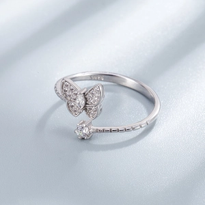 Minimalist S925 sterling silver butterfly open ring featuring a sparkling cubic zirconia