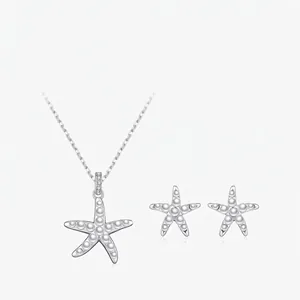 Starfish Necklace And Stud Earrings 925 Sterling Silver Artificial Pearl Rhinestone Elegant Ocean Theme Jewelry Women Gift
