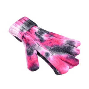 Pink and black tie-dye knit gloves with ribbed cuffs for winter outdoor warmth