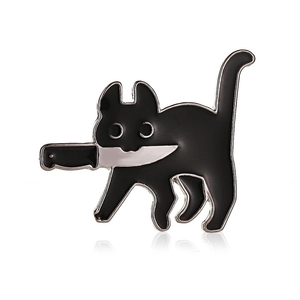 Broche chat noir mignon avec couteau en émail pour décoration vêtements et sacs