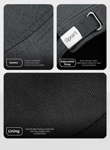 Detailed views of outdoor flat top cap showing stitching, adjustable strap and mesh lining