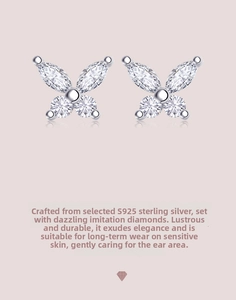 Detailed close-up of S925 sterling silver butterfly earrings with cubic zirconia stones