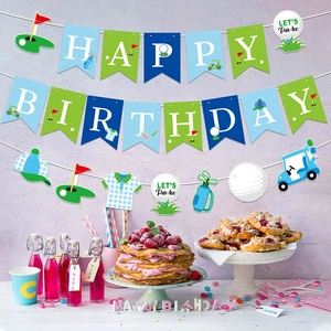 Blue golf birthday banner set with golf cart and ball patterns for sport party decoration