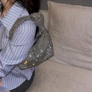 Elegant silver rhinestone hobo bag with knotted handle for evening party fashion