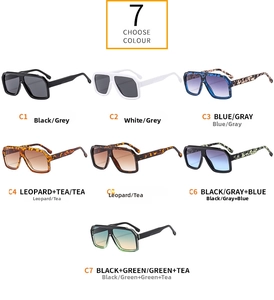 Seven oversized fashion sunglasses in various colors including leopard and gradient lenses
