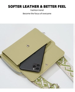 Detail showing capacity of light green lychee leather phone bag with woven strap