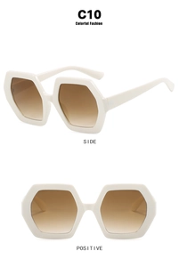 Detail view showing white hexagonal sunglasses frames with brown gradient lenses and C10 label