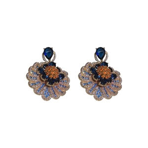 Vintage flower earrings with blue and orange zircon in rose gold plating for women