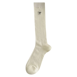 Creamy white ribbed knit socks with black bow embroidery for women, spring summer fashion