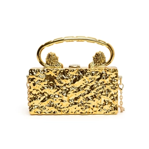 Golden acrylic evening bag with cracked texture, lion head detail and chain strap